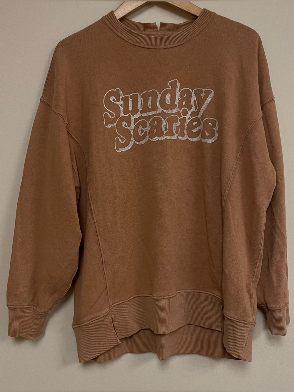Aerie The Chill Crew Sweatshirt Sunday Scaries Distressed Brown Size S Oversized